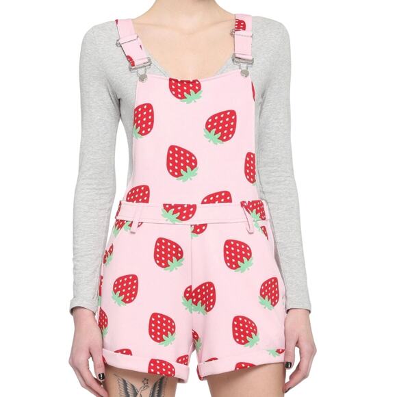 Hot Topic Pink Strawberry Print Shortalls Size Medium - Picture 1 of 12